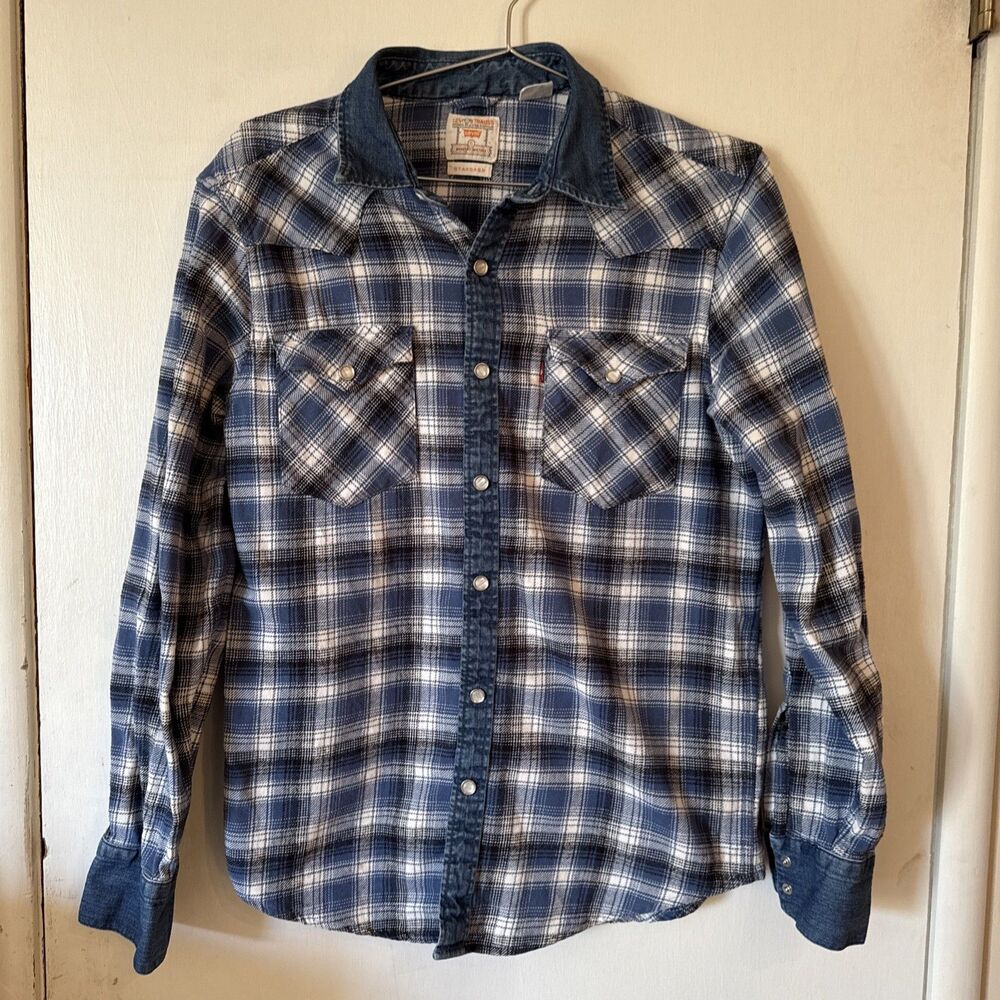 Vtg Levi's Barstow The Western Shirt Blue Plaid Pearl Snap Flannel | Men's Small